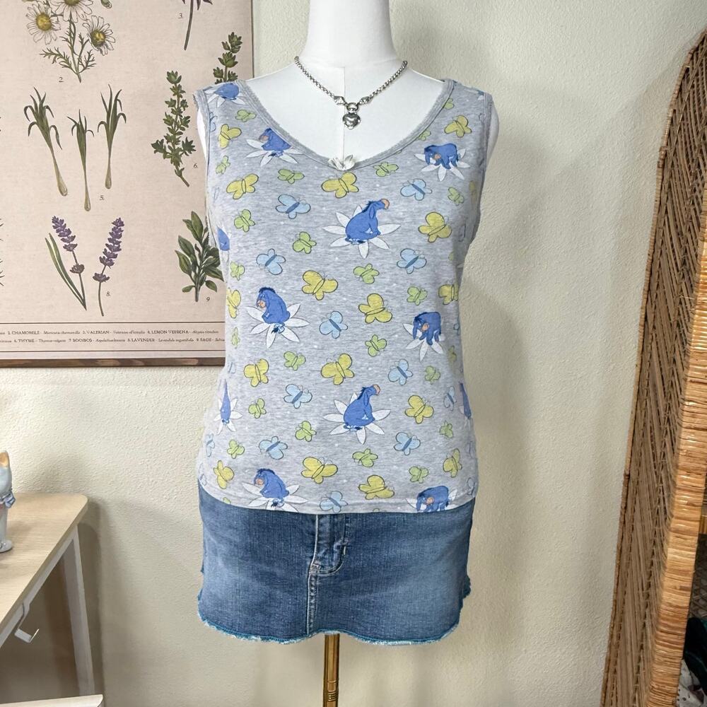 Vintage 90s Y2k Winnie Pooh Eeyore Butterfly Print Gray Tank Top Cutecore XL